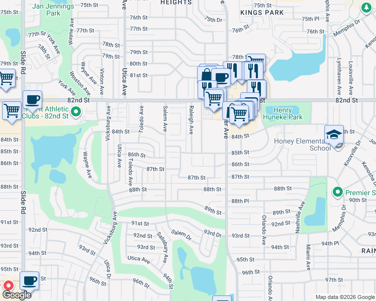 map of restaurants, bars, coffee shops, grocery stores, and more near 8314 Raleigh Avenue in Lubbock