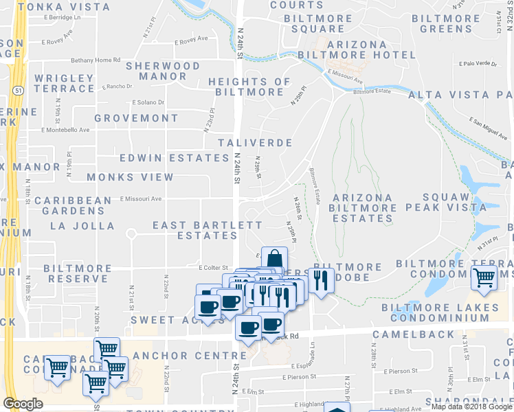 map of restaurants, bars, coffee shops, grocery stores, and more near 5442 North 25th Street in Phoenix