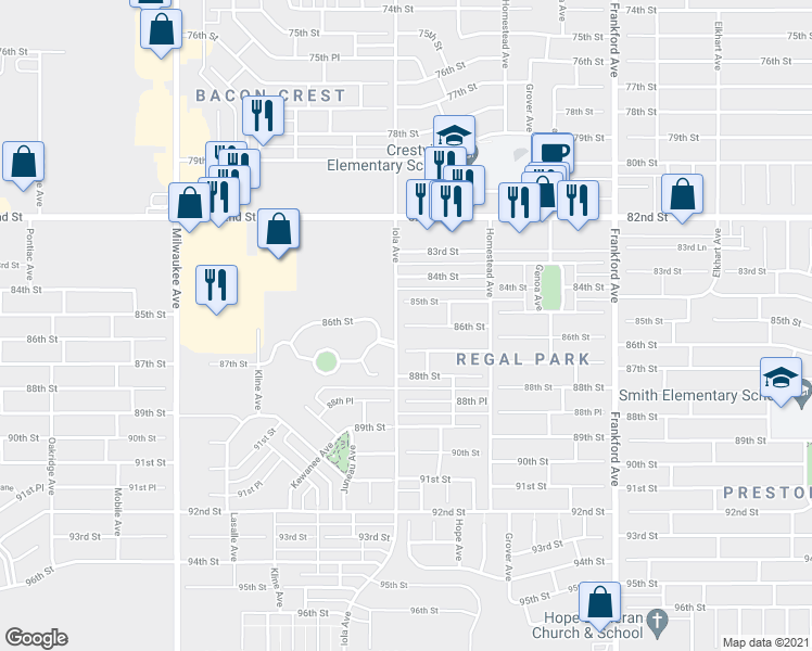 map of restaurants, bars, coffee shops, grocery stores, and more near 7606 86th Street in Lubbock