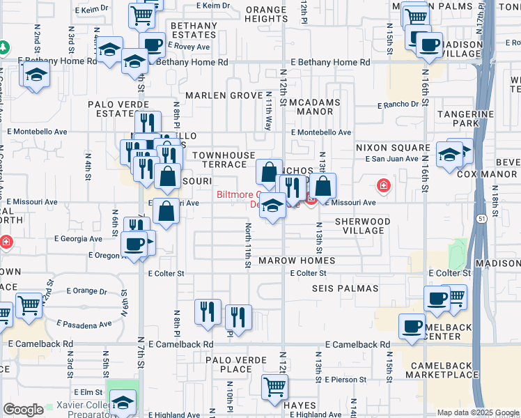 map of restaurants, bars, coffee shops, grocery stores, and more near 1121 North 11th Place in Phoenix