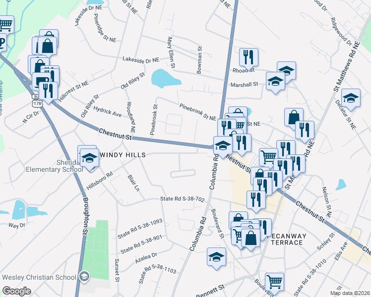map of restaurants, bars, coffee shops, grocery stores, and more near 1609 Hillsboro Road in Orangeburg