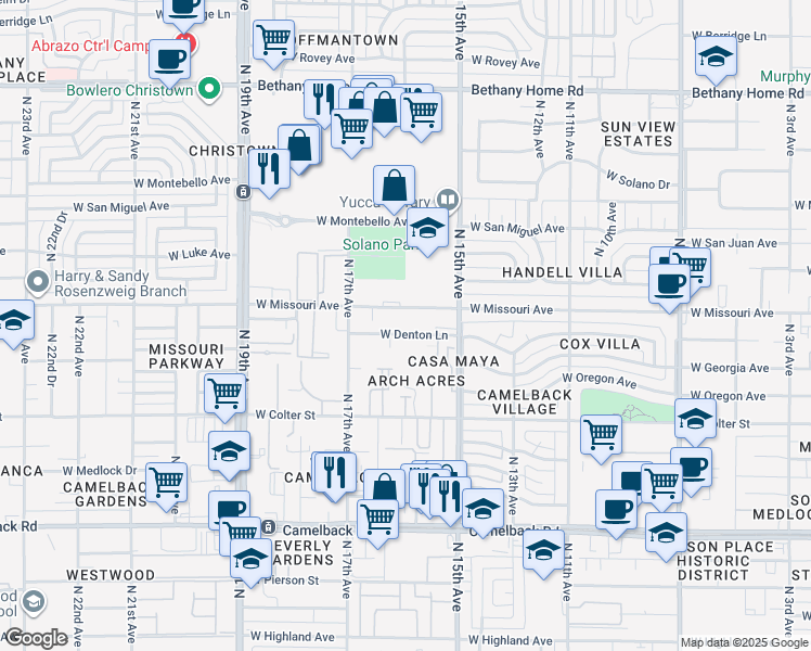 map of restaurants, bars, coffee shops, grocery stores, and more near 1548 West Denton Lane in Phoenix