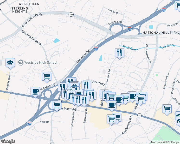 map of restaurants, bars, coffee shops, grocery stores, and more near 2525 Center West Parkway in Augusta