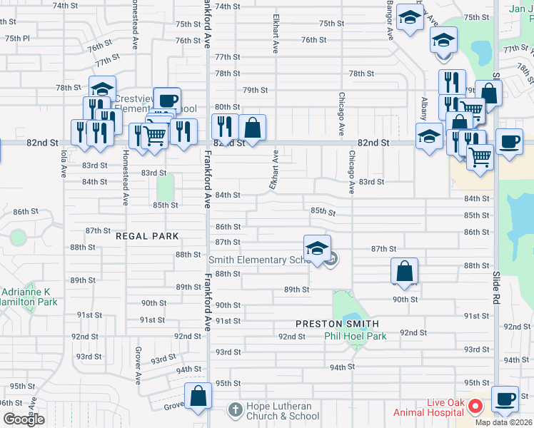 map of restaurants, bars, coffee shops, grocery stores, and more near 5615 85th Street in Lubbock