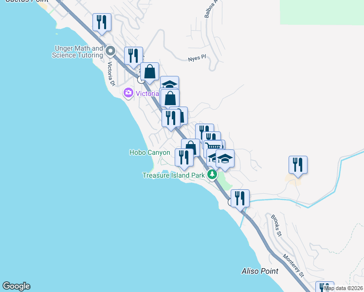 map of restaurants, bars, coffee shops, grocery stores, and more near 1 Stickley Drive in Laguna Beach