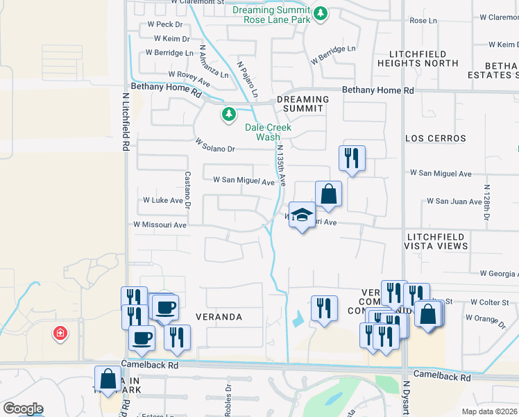 map of restaurants, bars, coffee shops, grocery stores, and more near 13524 West Marshall Avenue in Litchfield Park