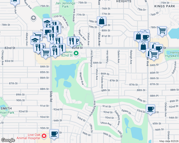 map of restaurants, bars, coffee shops, grocery stores, and more near 8412 Vicksburg Avenue in Lubbock