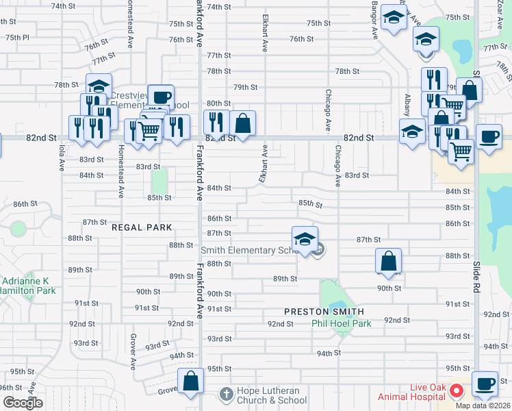 map of restaurants, bars, coffee shops, grocery stores, and more near 5615 85th Street in Lubbock
