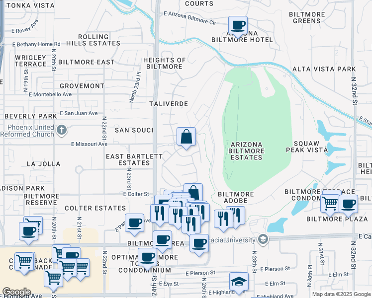 map of restaurants, bars, coffee shops, grocery stores, and more near 2550 East Denton Lane in Phoenix