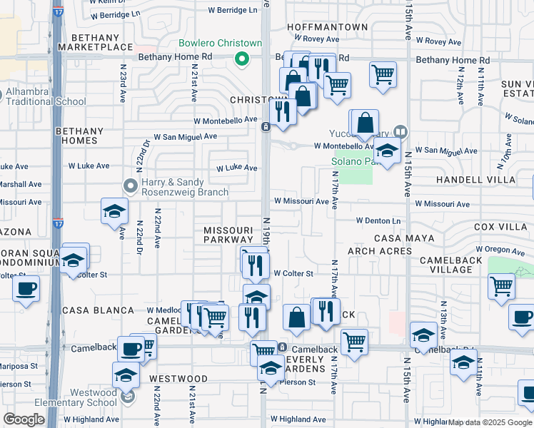 map of restaurants, bars, coffee shops, grocery stores, and more near 5323 North 19th Avenue in Phoenix