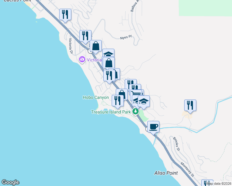 map of restaurants, bars, coffee shops, grocery stores, and more near in Laguna Beach