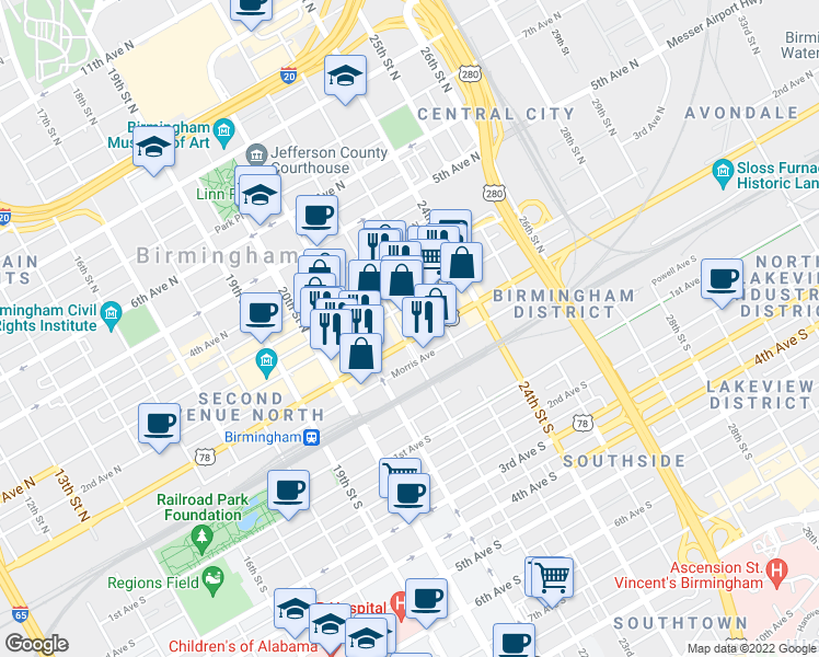 map of restaurants, bars, coffee shops, grocery stores, and more near 2126 1st Avenue North in Birmingham