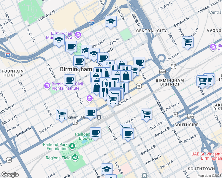 map of restaurants, bars, coffee shops, grocery stores, and more near 2030 2nd Avenue North in Birmingham