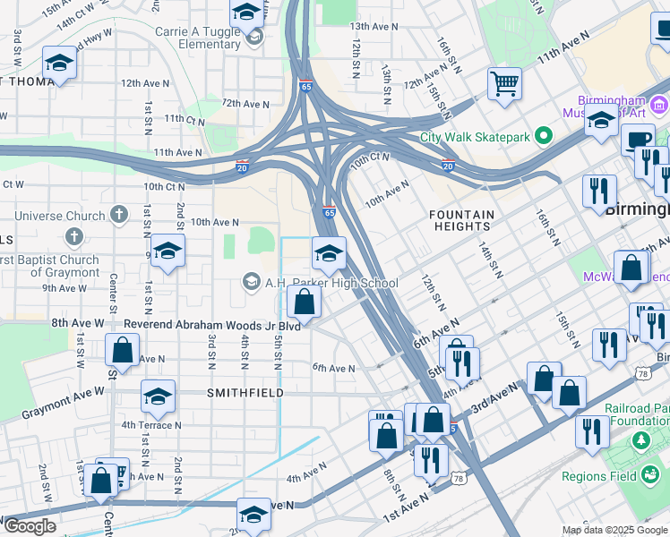 map of restaurants, bars, coffee shops, grocery stores, and more near 900 9th Avenue North in Birmingham