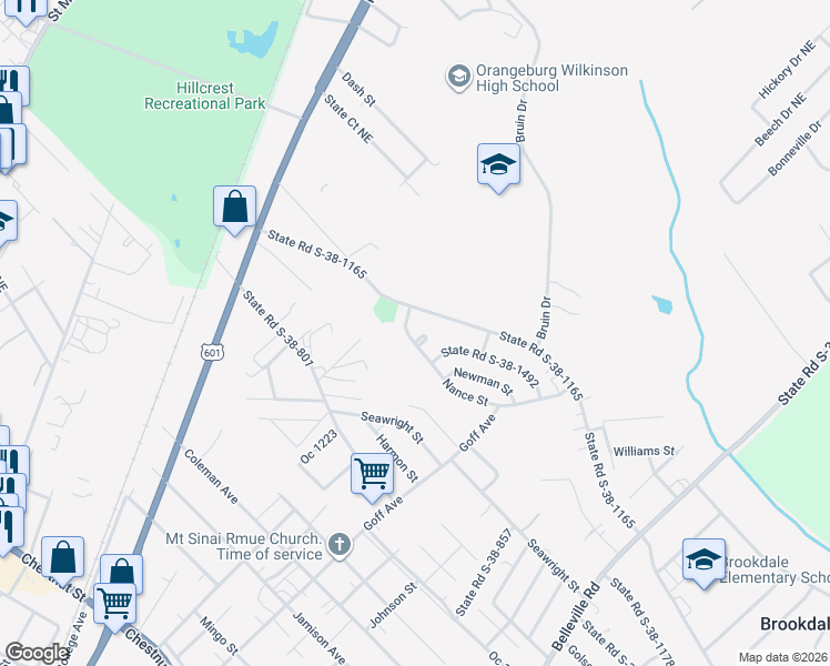 map of restaurants, bars, coffee shops, grocery stores, and more near 960 Nance Street in Orangeburg