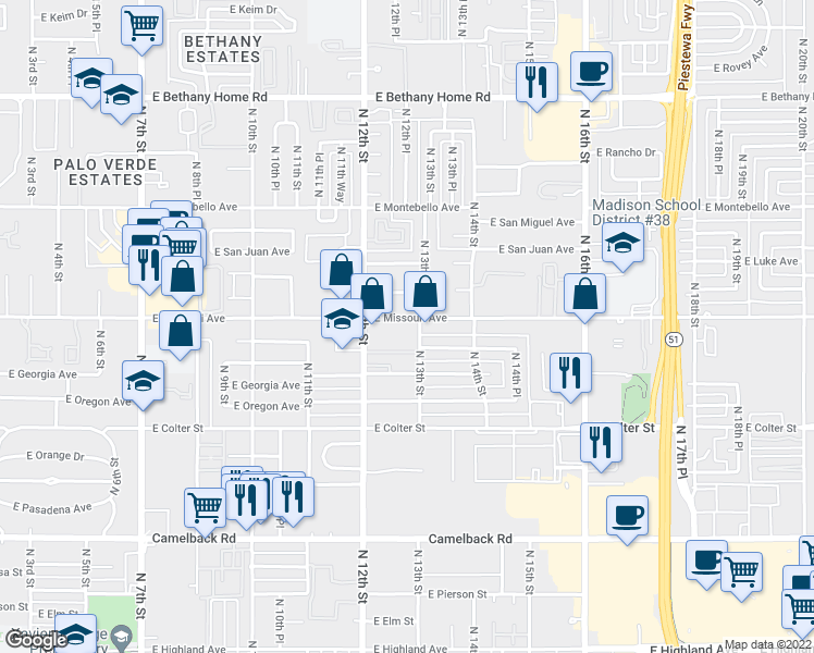 map of restaurants, bars, coffee shops, grocery stores, and more near 1277 East Missouri Avenue in Phoenix