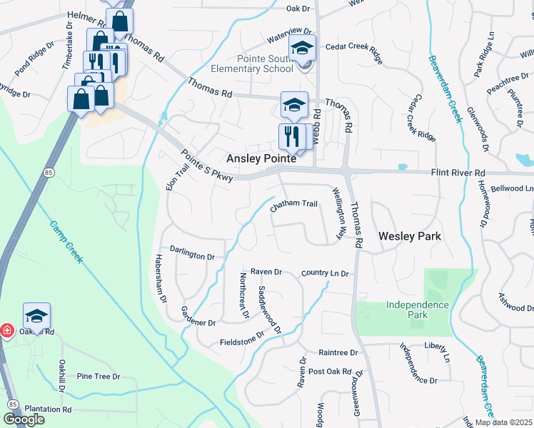 map of restaurants, bars, coffee shops, grocery stores, and more near 679 Chatham Trail in Jonesboro