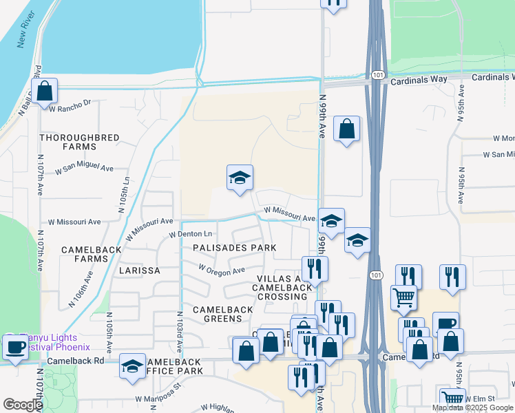 map of restaurants, bars, coffee shops, grocery stores, and more near 10255 North 101st Avenue in Glendale