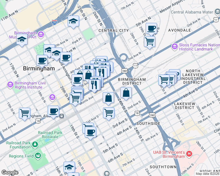 map of restaurants, bars, coffee shops, grocery stores, and more near 2311 Morris Avenue in Birmingham