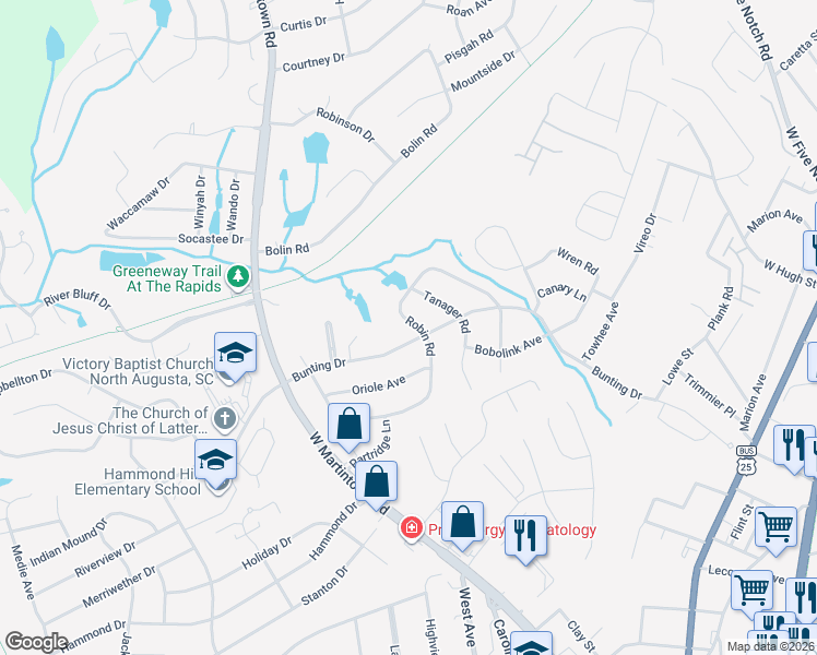 map of restaurants, bars, coffee shops, grocery stores, and more near 1842 Bunting Drive in North Augusta
