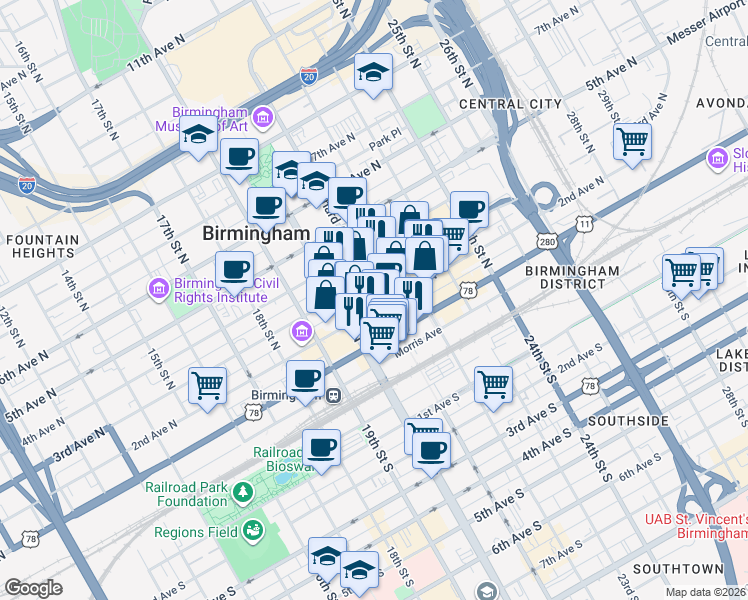 map of restaurants, bars, coffee shops, grocery stores, and more near 2030 2nd Avenue North in Birmingham