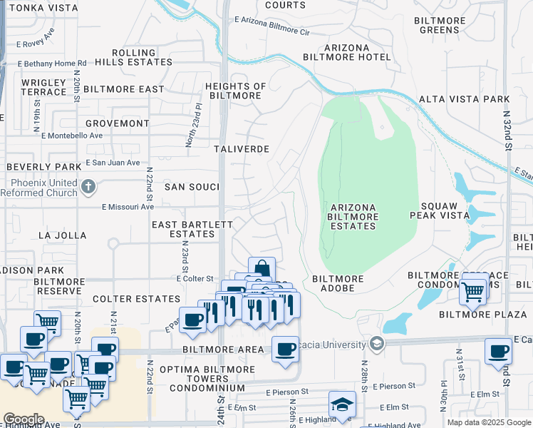 map of restaurants, bars, coffee shops, grocery stores, and more near 2550 East Denton Lane in Phoenix
