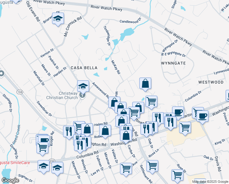 map of restaurants, bars, coffee shops, grocery stores, and more near 134 Fall Line Drive in Martinez