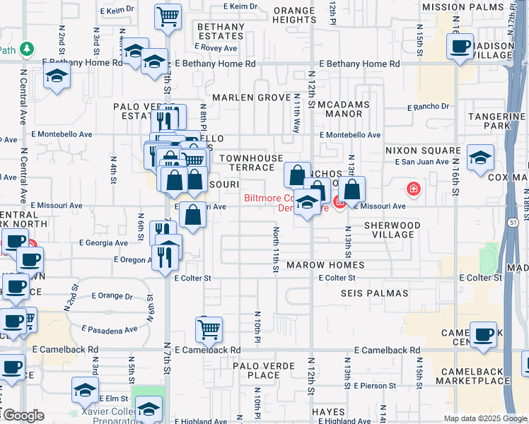 map of restaurants, bars, coffee shops, grocery stores, and more near 1038 East Denton Lane in Phoenix