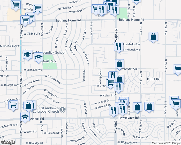 map of restaurants, bars, coffee shops, grocery stores, and more near 5347 North 61st Avenue in Glendale