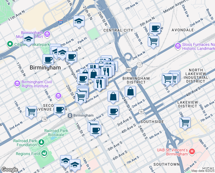 map of restaurants, bars, coffee shops, grocery stores, and more near 2311 Morris Avenue in Birmingham