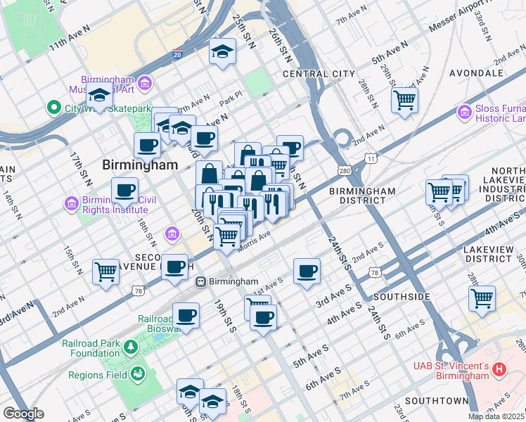 map of restaurants, bars, coffee shops, grocery stores, and more near 2126 1st Avenue North in Birmingham