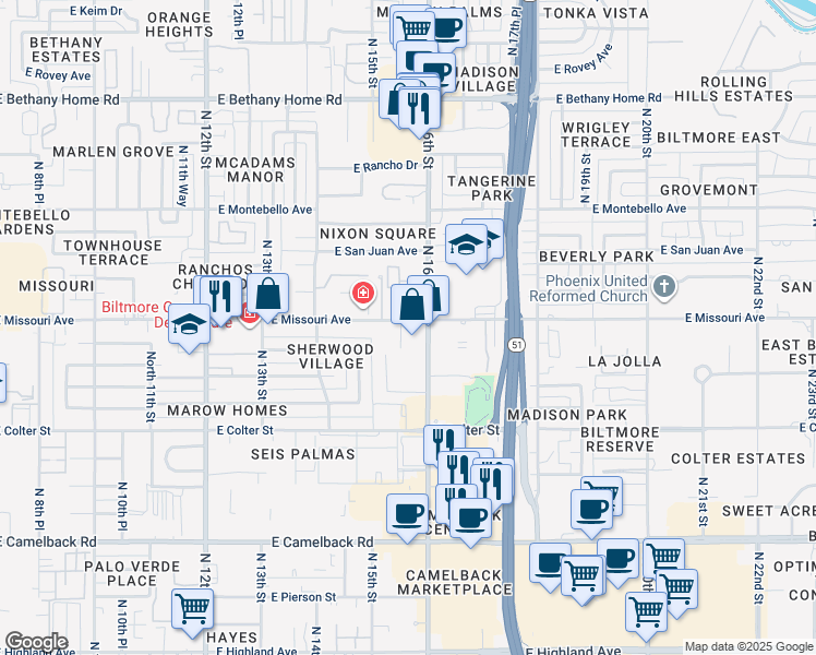 map of restaurants, bars, coffee shops, grocery stores, and more near 1531 East Missouri Avenue in Phoenix