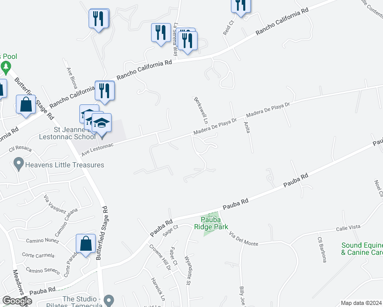 map of restaurants, bars, coffee shops, grocery stores, and more near 41821 Calle Cabrillo in Temecula