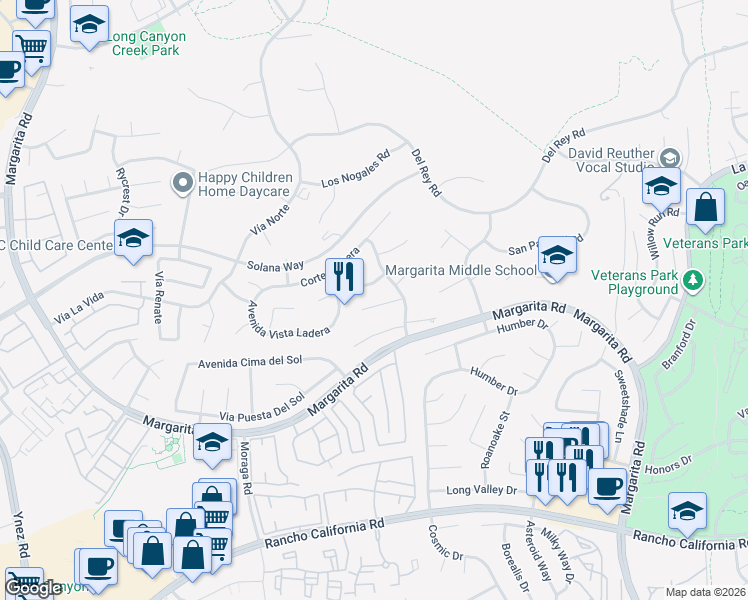map of restaurants, bars, coffee shops, grocery stores, and more near 30114 Corte Carrizo in Temecula