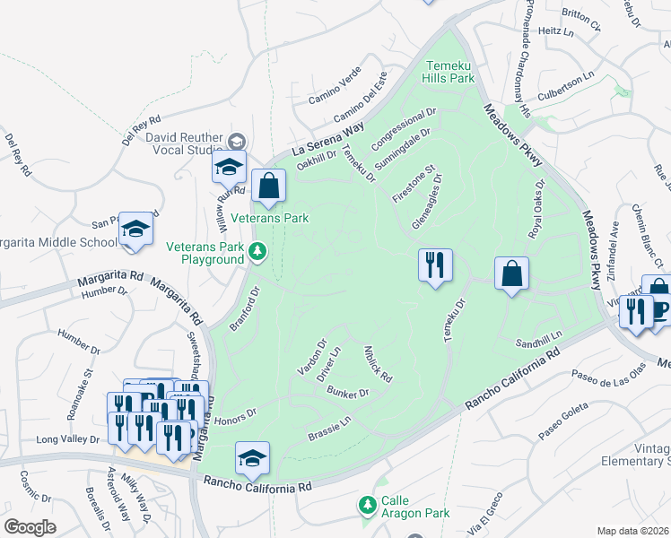 map of restaurants, bars, coffee shops, grocery stores, and more near 149 Lily Lane in Temecula