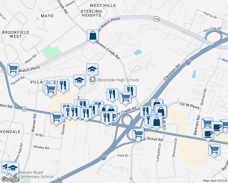 map of restaurants, bars, coffee shops, grocery stores, and more near 2 Macaulay Place in Augusta