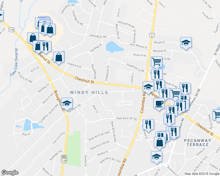 map of restaurants, bars, coffee shops, grocery stores, and more near 1521 Hillsboro Road in Orangeburg