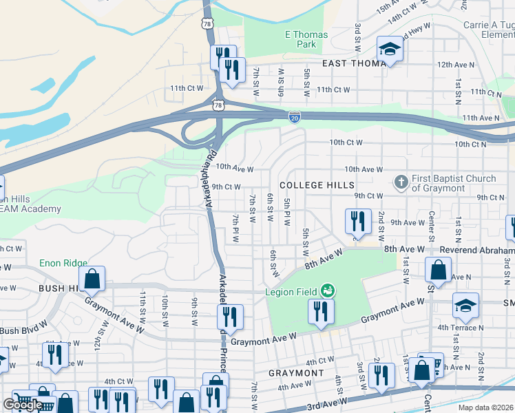 map of restaurants, bars, coffee shops, grocery stores, and more near 901 7th Street West in Birmingham