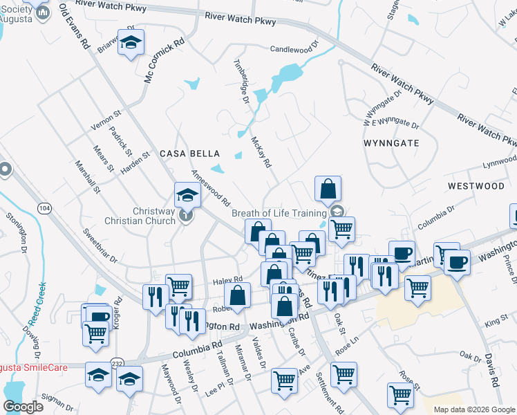 map of restaurants, bars, coffee shops, grocery stores, and more near 134 Fall Line Drive in Martinez
