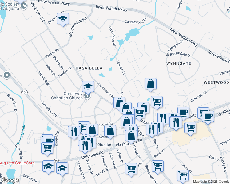map of restaurants, bars, coffee shops, grocery stores, and more near 139 Fall Line Drive in Martinez