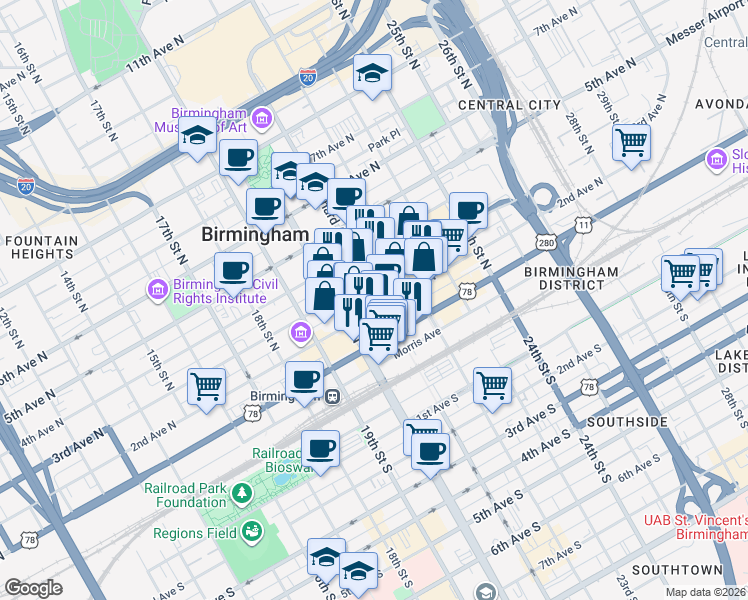 map of restaurants, bars, coffee shops, grocery stores, and more near 2030 2nd Avenue North in Birmingham