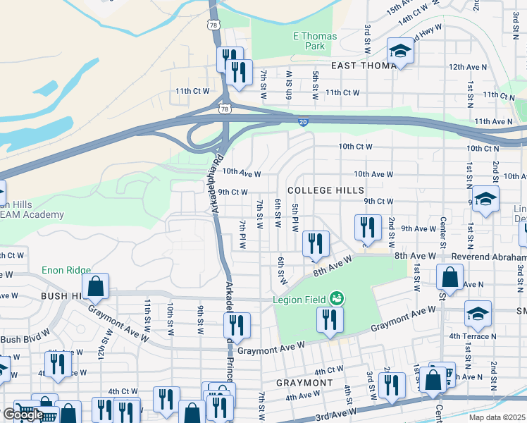 map of restaurants, bars, coffee shops, grocery stores, and more near 901 7th Street West in Birmingham