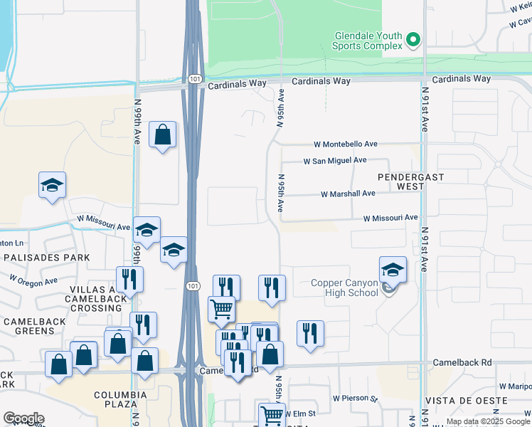 map of restaurants, bars, coffee shops, grocery stores, and more near 5550 North 95th Avenue in Glendale