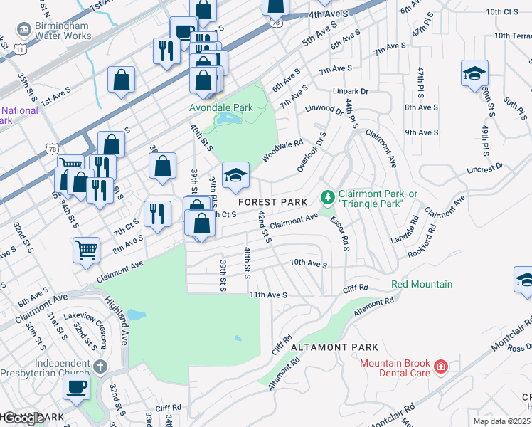 map of restaurants, bars, coffee shops, grocery stores, and more near 4216 Clairmont Avenue in Birmingham