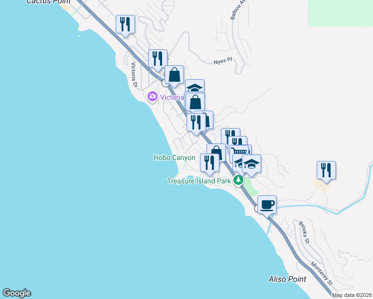 map of restaurants, bars, coffee shops, grocery stores, and more near 88 Blue Lagoon in Laguna Beach