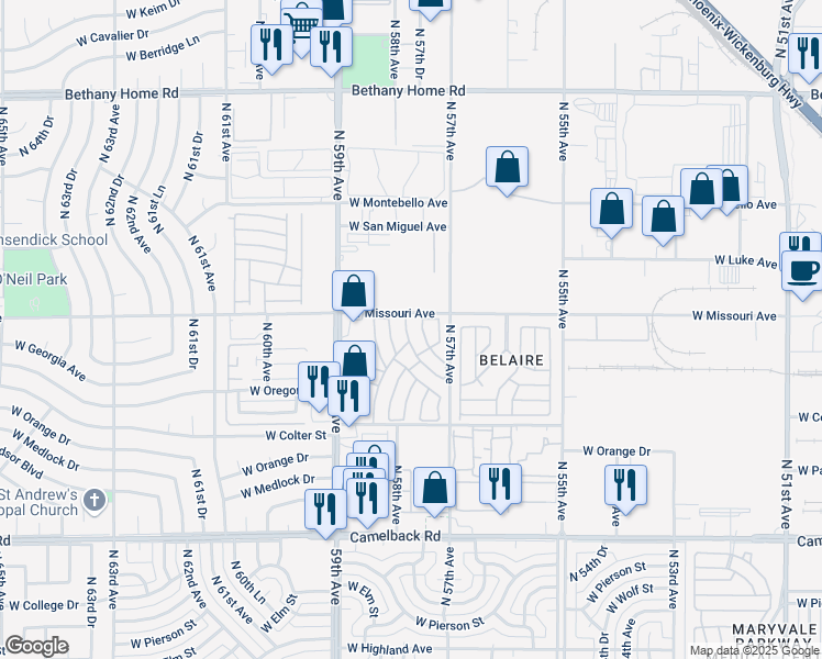 map of restaurants, bars, coffee shops, grocery stores, and more near 5747 West Missouri Avenue in Glendale