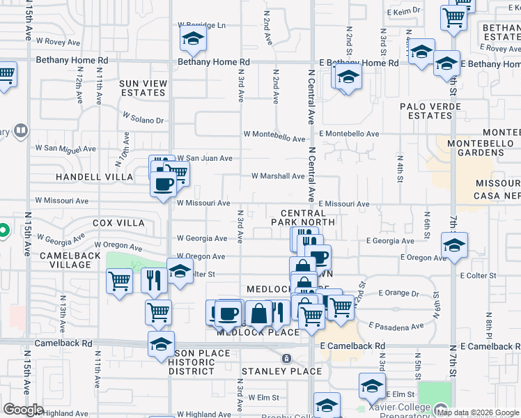 map of restaurants, bars, coffee shops, grocery stores, and more near 123 West Missouri Avenue in Phoenix