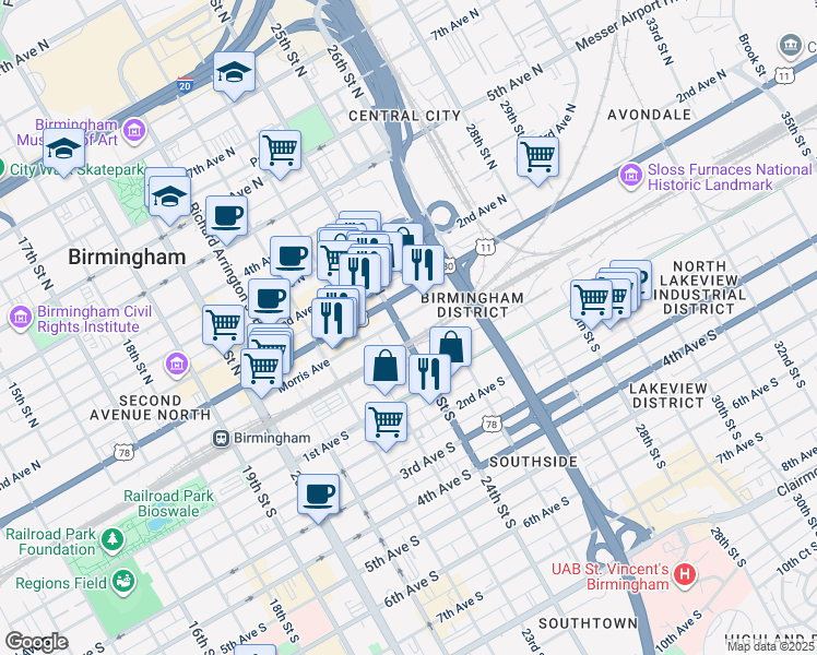 map of restaurants, bars, coffee shops, grocery stores, and more near 2401 Morris Avenue in Birmingham