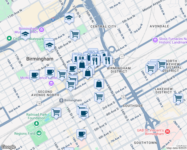 map of restaurants, bars, coffee shops, grocery stores, and more near 2311 Morris Avenue in Birmingham