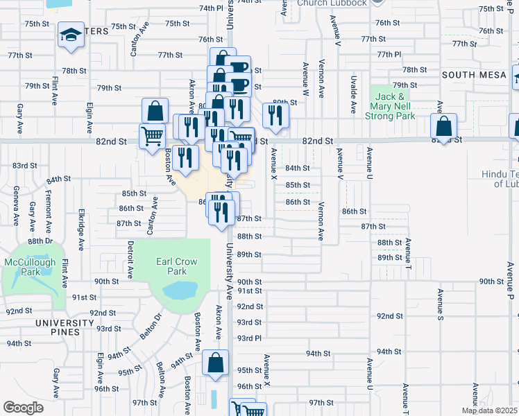 map of restaurants, bars, coffee shops, grocery stores, and more near 8610 Avenue X in Lubbock